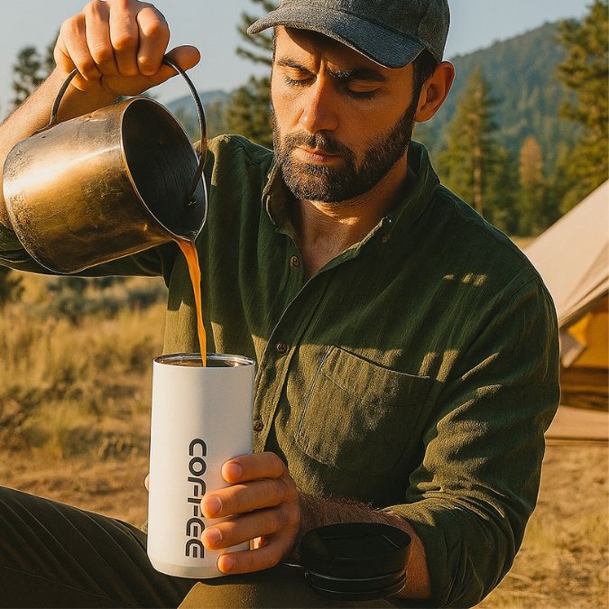 homme qui se verse du café en nature, camping