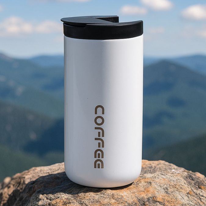 présentation d'un travel mug isotherme blanc sur un rocher en plein air au sommet montagne
