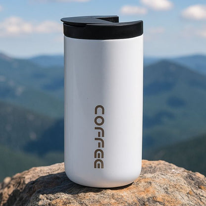 présentation d'un travel mug isotherme blanc sur un rocher en plein air au sommet montagne