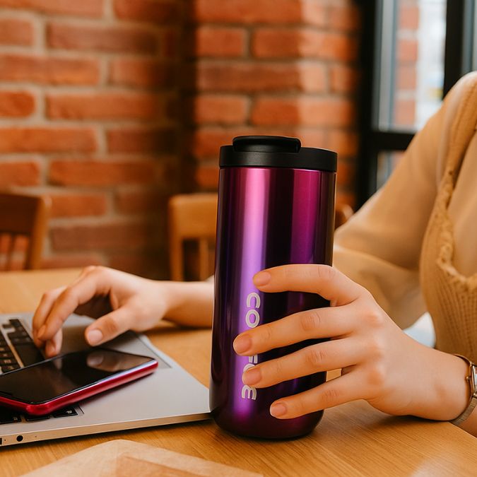 femme au bureau qui rtavaille sur son ordinateur en tenant son travel mug isotherme