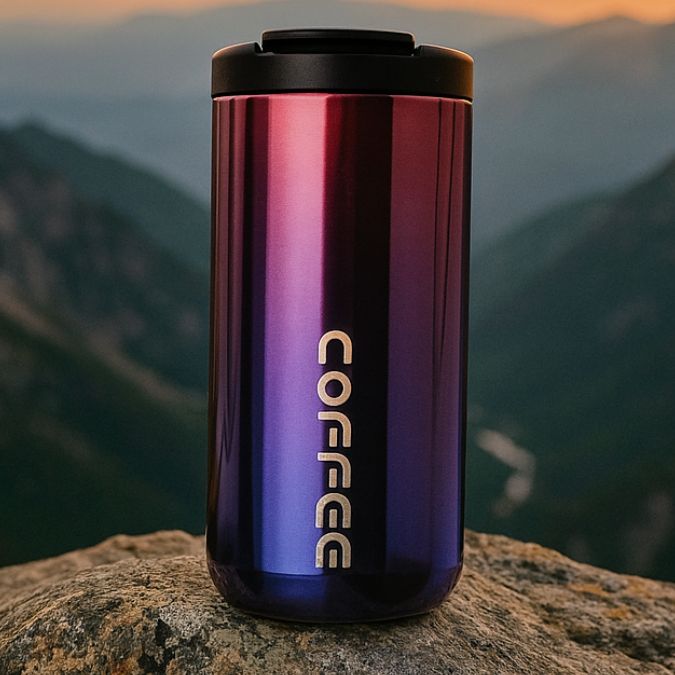 présentation d'un travel mug isotherme violet pendant un coucher de soleil