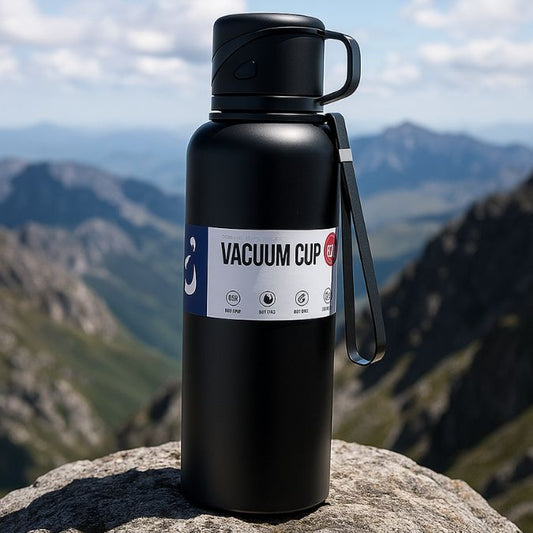 présentation d'un travel mug noir sur un rocher en plein air